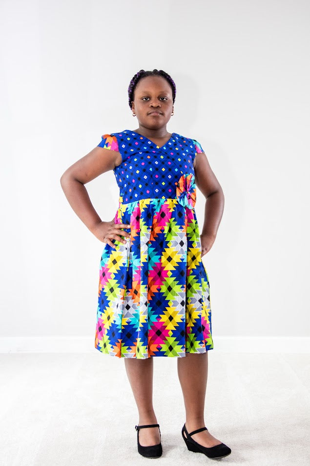Olivia Girl dress- V class neck with two  blue bold colorful dress