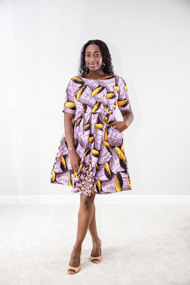 Tumi Gather dress in purple and yellow print