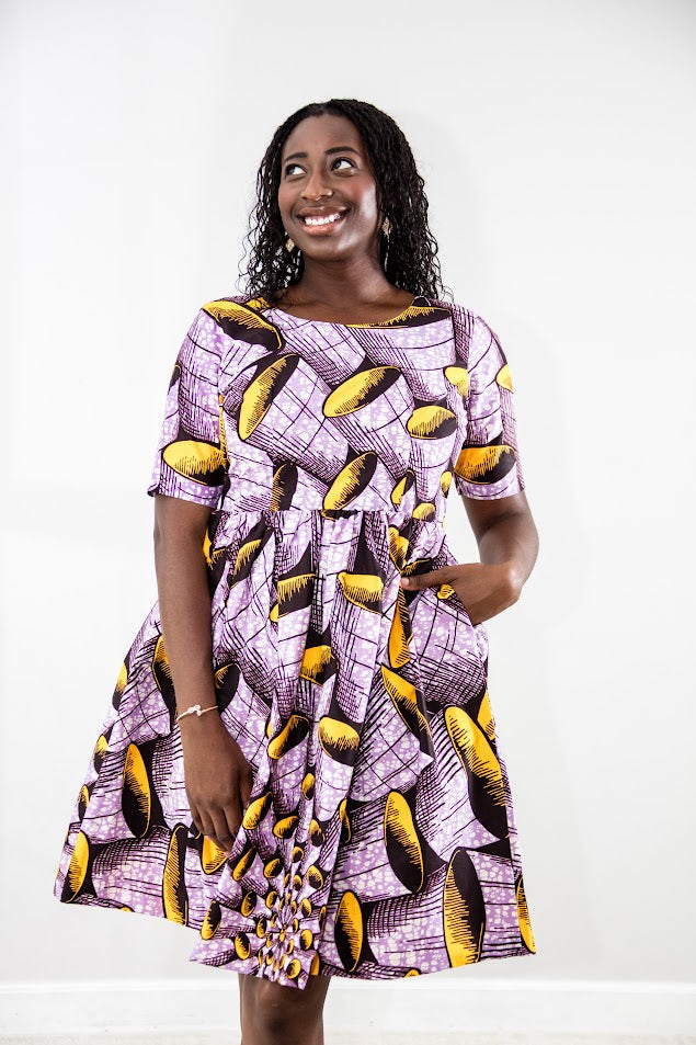 Tumi Gather dress in purple and yellow print