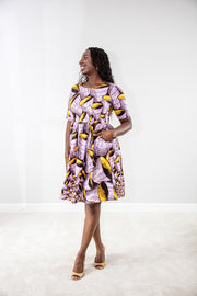 Tumi Gather dress in purple and yellow print