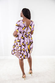 Tumi Gather dress in purple and yellow print