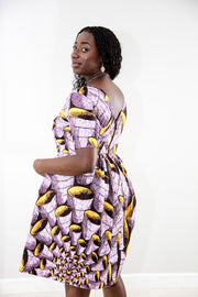 Tumi Gather dress in purple and yellow print