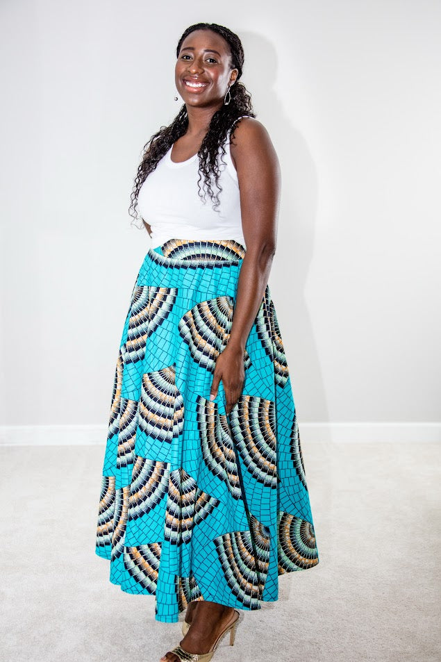 Muyiwa Flare Skirt- Blue fan pattern